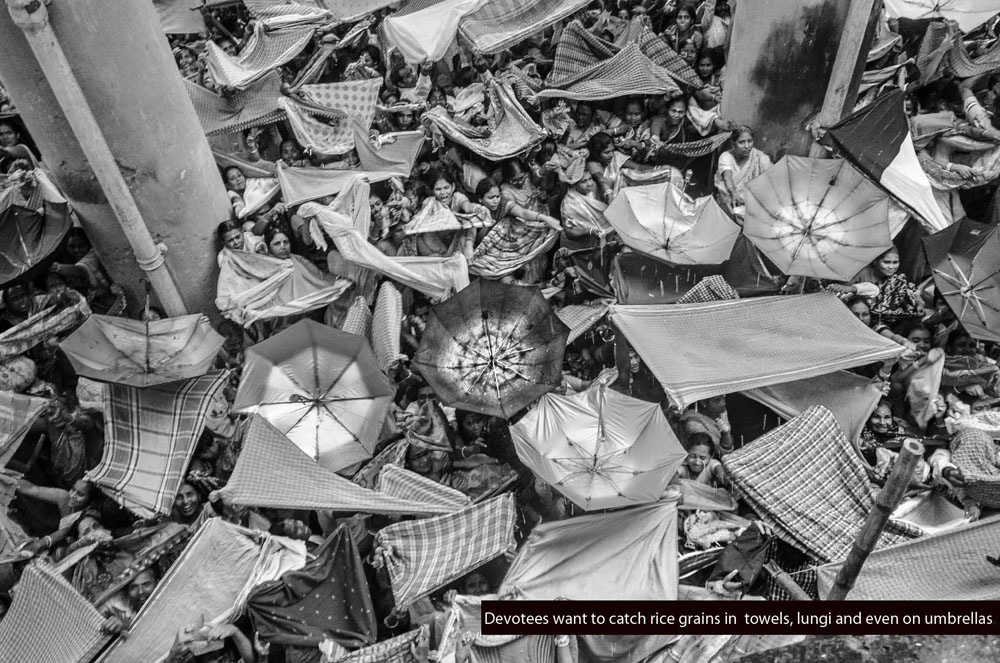 2. Devotees want to catch rice grains in  towels, lungi and even on umbrellas.